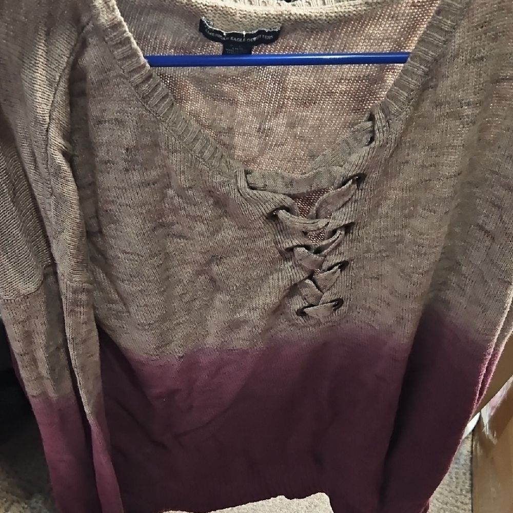 American Eagle Outfitters Brown and Purple Lace-Up Sweater